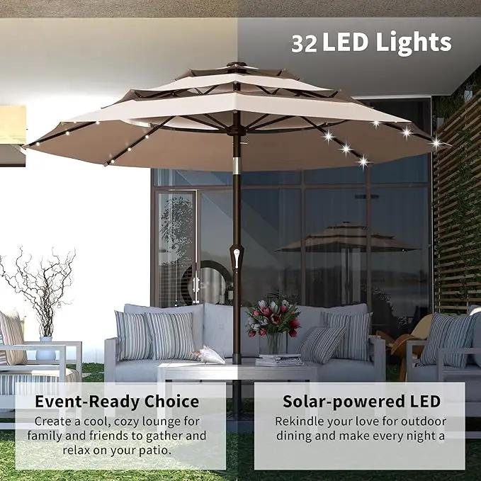 Kingdura 9ft 3-Tier Patio Umbrella with Solar Lights, Table Umbrella Outdoor Patio with Easy Crank & Tilt, 8 Sturdy Ribs, UV Protection, 32 LED Lights for Deck, Poolside, Market (Beige) by GreenHaven Gardens