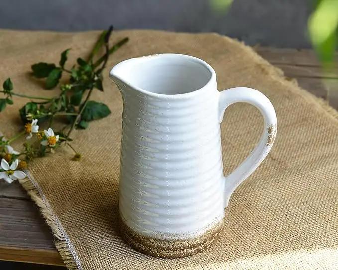 Quoowiit Ceramic Rustic Vase with Handle, White Distressed Decorative Farmhouse Pitcher Vase for Home Decor Living Room Bedroom Kitchen Office Shelf Decor Centerpiece Table Decoration by GreenHaven Gardens