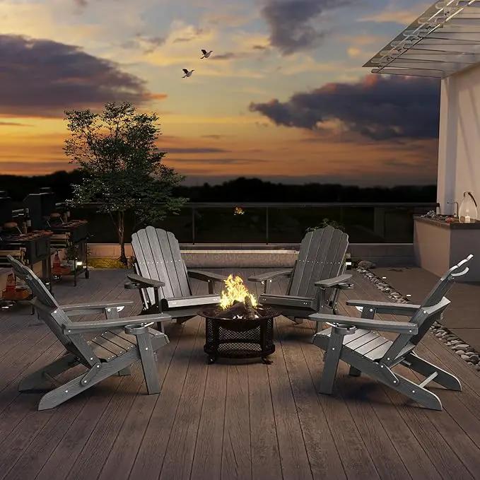Adjustable Backrest Folding Adirondack Chair with Ottoman & 2 Cup Holders, HIPS Weather Resistant Adirondack Chair, Outdoor Fire Pit Chair for Beach, Pool, Deck, Porch, Yard, Lawn, Grey by GreenHaven Gardens