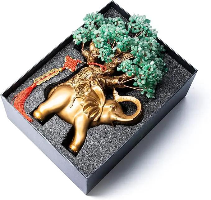 Green Aventurine Crystal Money Tree on Gold Elephant Statue, 17”Large Gemstone Bonsai Tree of Life Home Décor Gifts for Wealth Positive Energy, Feng Shui Décor by GreenHaven Gardens