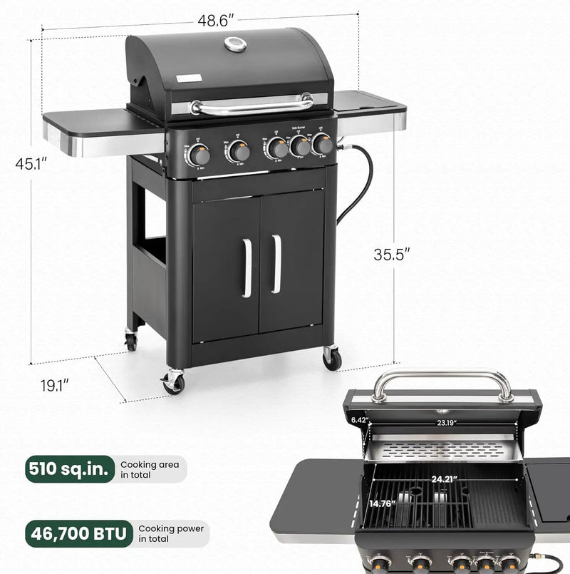 2 in 1 Propane Gas BBQ Grill with Side Burner & Porcelain-Enameled Cast Iron Grate, 4-Burner Flat Top Griddle, 46,700 BTU Outdoor Barbecue Propane Griddle Grill Combo for Camping, Patio, Backyard by GreenHaven Gardens