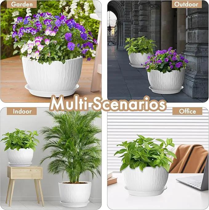 12 Inch Large Plant Pots for Indoor or Outdoor Plants, Wide Water Ripples Flower Pots with Drainage Holes & Saucer, Plastic Planters Set for Garden & Home Decor (White) by GreenHaven Gardens