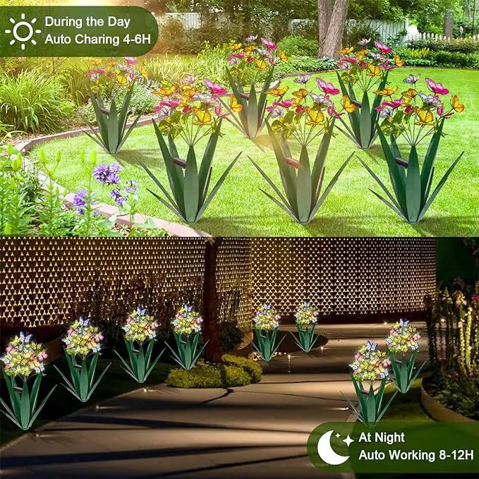 Homight Solar Metal Agave Butterfly Flower Stick Garden Sculpture - Outdoor Gift, Christmas Lights, Swaying Butterfly Sunflower Lights - Solar Outdoor (2 pcs Green) by GreenHaven Gardens