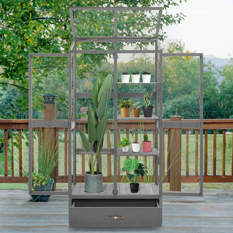Macrout Cold Frame Greenhouse, Tall Wooden Greenhouse for Outdoor Indoor Use with Polycarbonate Panels, 3 Tier Garden Cold Frame with Drawer and Shelves, 0864 (Dark Grey) by GreenHaven Gardens