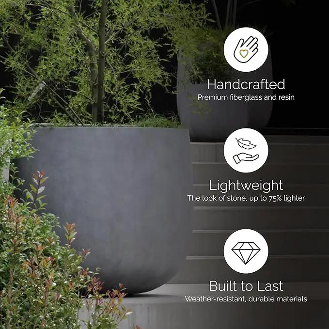 Mondo Large Planter – Concrete Stone Finish – Fiberglass Indoor/Outdoor and Weather-Resistant Round Planter (26" D x 24.6" H Exterior, 24.6" D x 24" H Interior) by GreenHaven Gardens