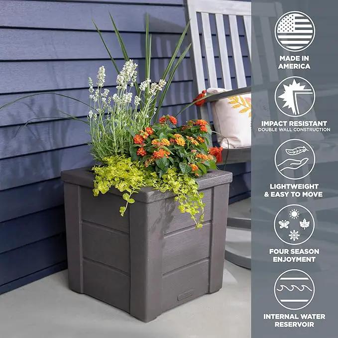 Step2 Lakewood Square Planter Box, Outside All-Season All-Weather Gardening Pot for Patio and Front Porch, Dark Cedar, 2-Pack by GreenHaven Gardens