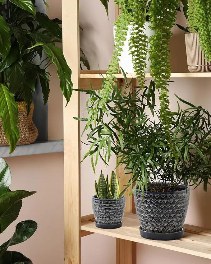Plant Pots, Flower Pots, Planters for Indoor Plants(6.5+5.5inch), Flower Pots for Indoor Plants with Drainage Hole and Saucer, Ceramic Pots for Plants with Hole Mesh Pad,Reactive Glaze Blue by GreenHaven Gardens
