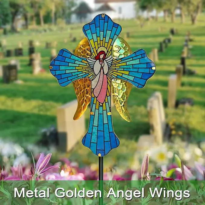 Solar Cross Garden Stake Lights for Outdoor Garden,Cemetery,and Yard Decor,Angel Wings Cross Solar Christmas Lights Outdoor,Memorial Gifts Angel by GreenHaven Gardens