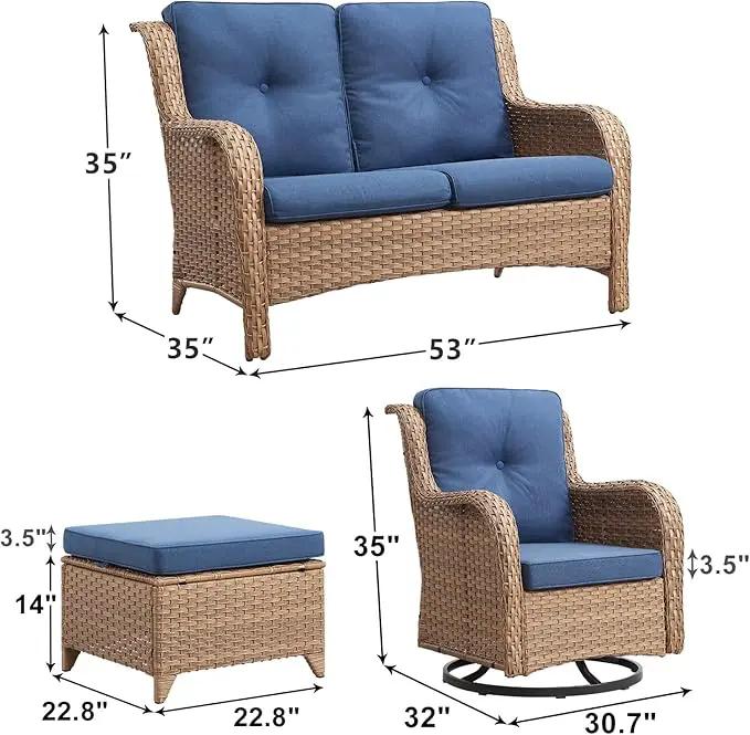 Outdoor Wicker Patio Furniture Set - 5 Piece Rattan Patio Conversation Set with 2 Rocking Swivel Chairs,2 Ottomans and 1 Loveseat for Porch Deck Backyard Garden(Yellow/Blue) by GreenHaven Gardens