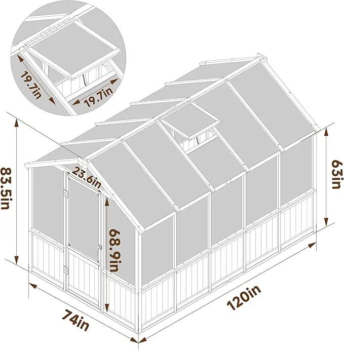 6x10 FT Green House for Outdoor, 6MM Thick Polycarbonate Panel Wooden Walk-in Greenhouse Kit with Lockable Door and Adjustable Roof Vent, Backyard Garden, Light Mocha Brown by GreenHaven Gardens