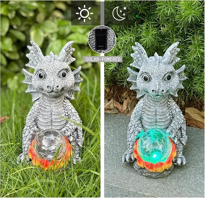 Solar Garden Statue Dragon Figurine with 7-Color Changing Solar Crackle Globe Lights- Loving Dragon for Patio,Balcony,Yard, Lawn-Unique Idea Gifts (Grey) by GreenHaven Gardens