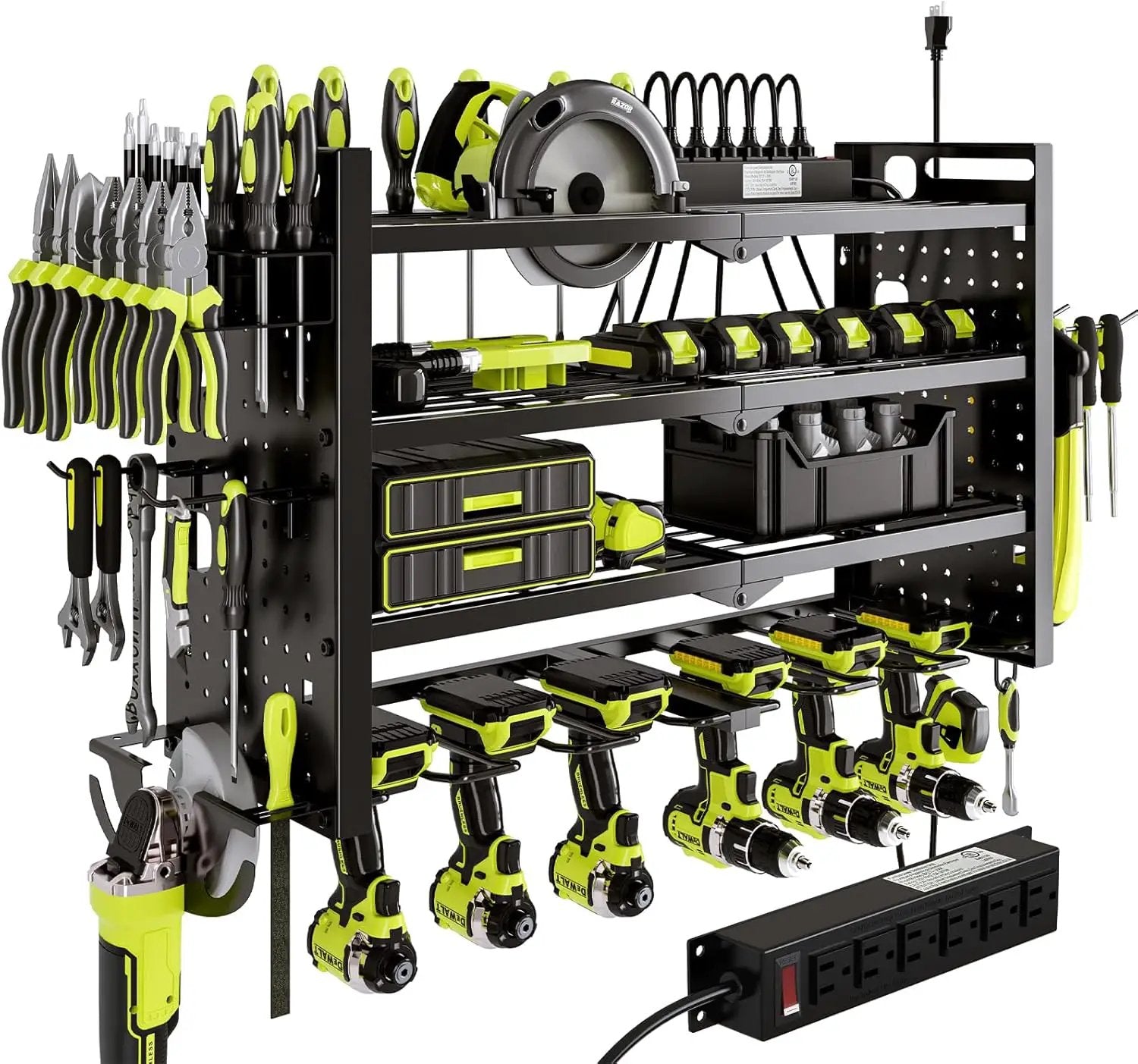 Power Tool Organizer Wall Mount with Charging Station 4 Layer 6 Slot Cordless Drill Holder with Angle Grinder Holder (Black) by GreenHaven Gardens