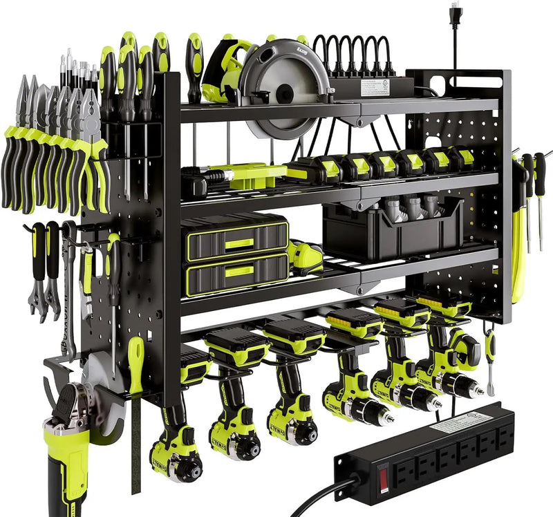 Power Tool Organizer Wall Mount with Charging Station 4 Layer 6 Slot Cordless Drill Holder with Angle Grinder Holder (Black) by GreenHaven Gardens