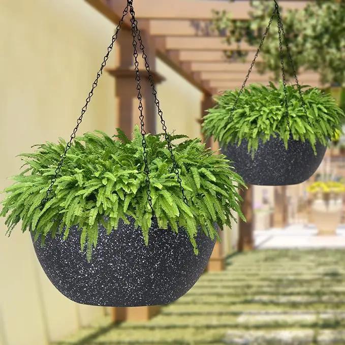 WOUSIWER 13 inch 2Pack Large Hanging Planters for Outdoor Indoor Plants with Drainage Holes and Chain, Round Hanging Flower Pots for Garden Home Porch Decor, Black Speckles by GreenHaven Gardens