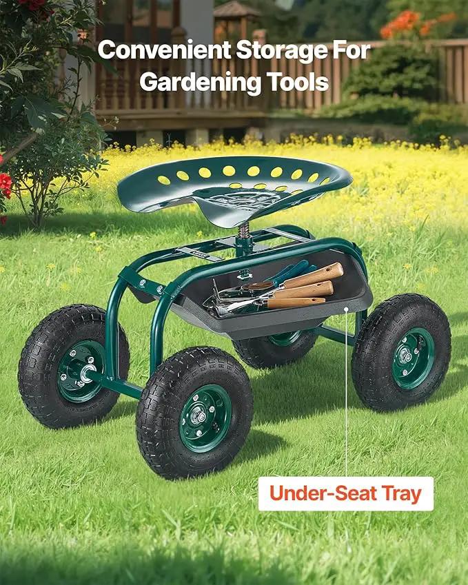 VEVOR Rolling Garden Cart with Swivel Seat, Heavy Duty Garden Seat with Storage Basket & Tool Tray, 300 lbs Weight Capacity, Outdoor Utility Gardening Stool Scooter for Lawn Yard Planting Weeding by GreenHaven Gardens