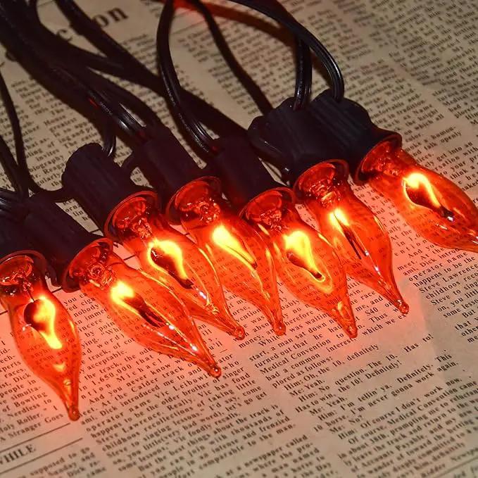 27.8Ft Halloween Decorations Flickering Flame String Lights with 27 Pack Orange Clear Flame Light Bulbs (4 Spare E12 Bulbs), Orange Christmas Lights Outdoor for Home Party Christmas Halloween Decor by GreenHaven Gardens