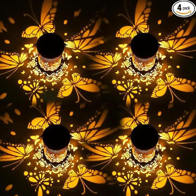 4 Packs Solar Lanterns Outdoor Hanging Lantern Lights, 4 Butterflies Hollowed-Out Metal Decor Lantern, Waterproof LED Decorative Garden Light Gifts by GreenHaven Gardens