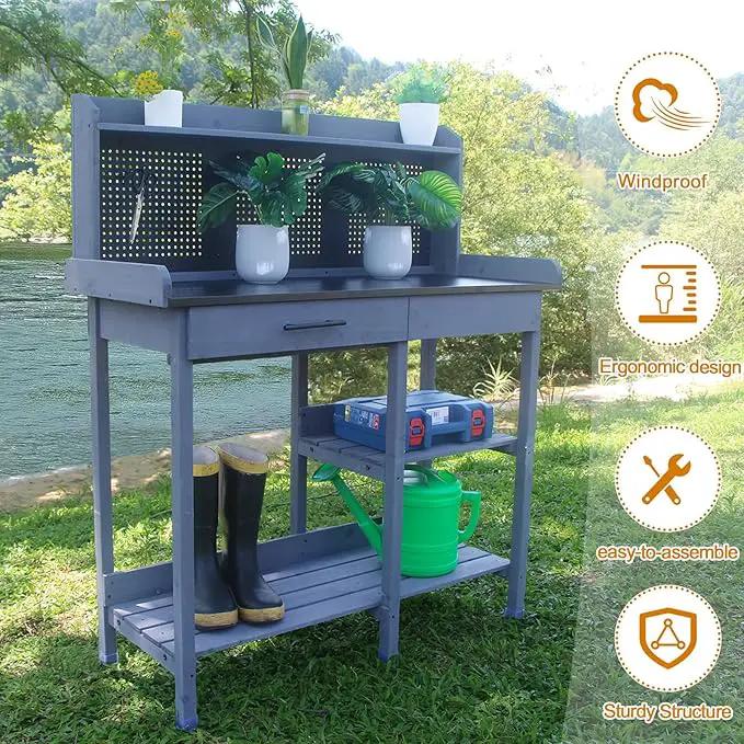 Outdoor Potting Bench Table,Garden Work Bench Metal Tabletop Horticulture with Shelf Rack Wooden Potting Benches for Outside with Holey Board/Hooks/Pads/Drawer/Adjustable and Cabinet,Gray by GreenHaven Gardens