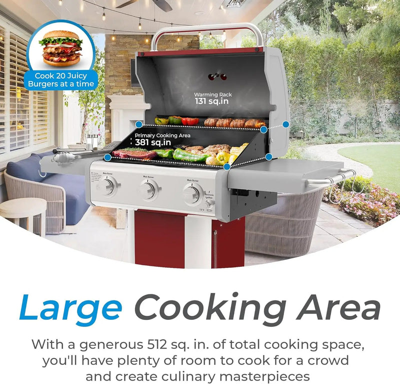 Kenmore 3-Burner Outdoor BBQ Grill | Liquid Propane Barbecue Gas Grill with Folding Sides, PG-A4030400LD-RD, Pedestal Grill with Wheels, 30000 BTU, Red by GreenHaven Gardens