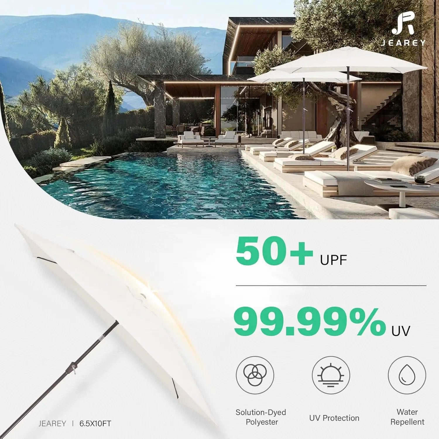 JEAREY 6.5x10 ft Rectangular Patio Umbrellas Outdoor Market Umbrella with Push Button Tilt and Crank, Rectangle Table Umbrella 6 Sturdy Ribs UV Protection for Pool Garden Backyard Deck, Cream-White by GreenHaven Gardens