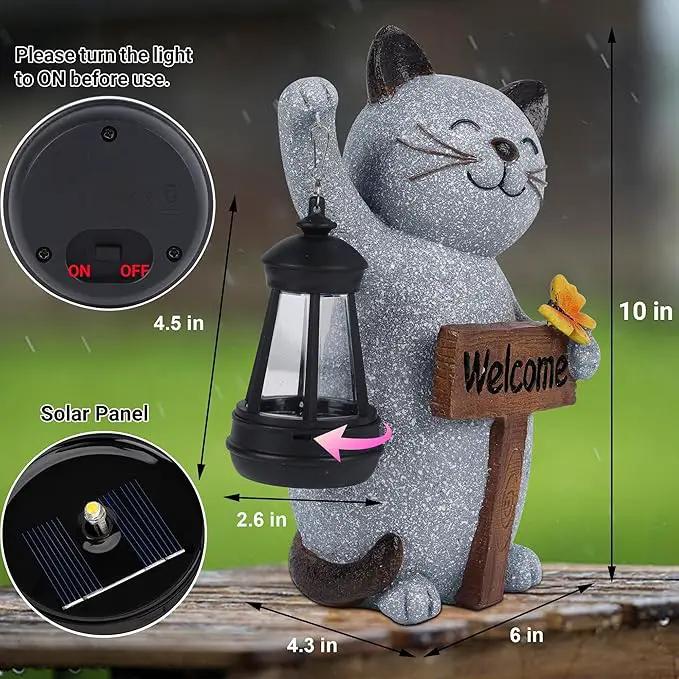 Juegoal Garden Statue Solar Cat Figurine with Lantern, 10" Resin Kitten Outdoor Lawn Porch Yard Art, Lighted Christmas Birthday Gifts for Mom Grandma by GreenHaven Gardens