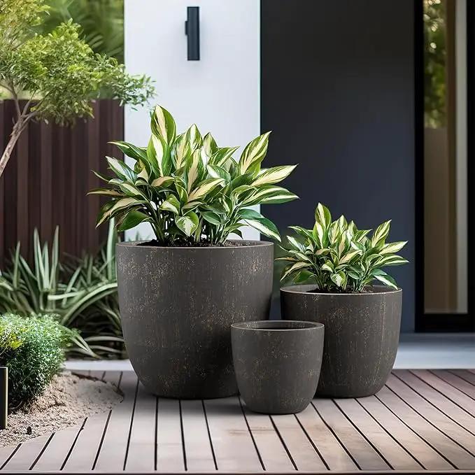 Kante 18",14",10" Dia Concrete Round Planters (Set of 3), Outdoor Indoor Large Planter Pots with Drainage Hole and Rubber Plug for Home Patio Garden, Oil Rubbed Bronze by GreenHaven Gardens