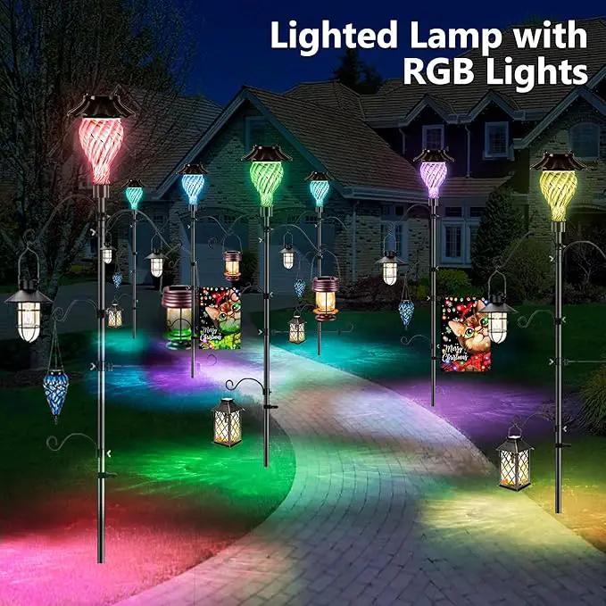 Solar Shepherds Hooks with Hand Blown Glass Lamp, Decorative RGB Lights, 4 Hooks & 1 Flag Holder, Heavy Duty Stand for Hanging Hummingbird Feeder, Bird Feeder, Plant, Garden Path Light (Red) by GreenHaven Gardens