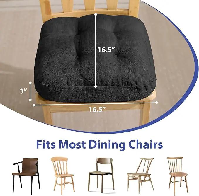 Chair Cushions for Dining Chairs, Dining Chair Cushions, Tufted Indoor Chair Pads with Ties & Non Slip Backing, Seat Cushions for Kitchen Chairs 16.5” x 16.5” x 3.5”, Set of 6, Black by GreenHaven Gardens