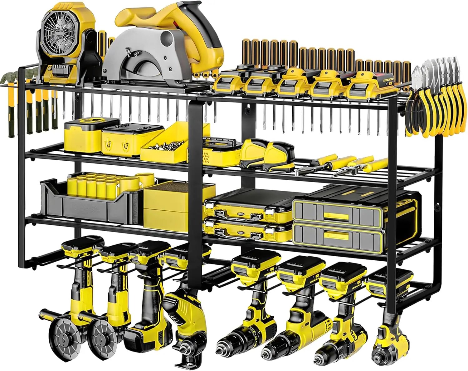Metal Power Tool Organizer,Space-Saving Wall-Mounted Power Tool Rack,Holds 8 Drills + 4-Tier Storage,Durable Steel Construction for Garage, Workshop and Shed Organization by GreenHaven Gardens