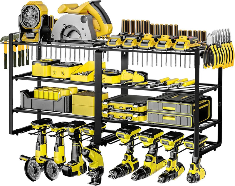 Metal Power Tool Organizer,Space-Saving Wall-Mounted Power Tool Rack,Holds 8 Drills + 4-Tier Storage,Durable Steel Construction for Garage, Workshop and Shed Organization by GreenHaven Gardens