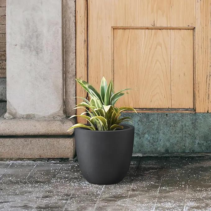 Kante 10 Inch Dia Round Concrete Planter, Indoor Outdoor Large Plant Pot with Drainage Hole and Rubber Plug for Home Patio Garden, Black by GreenHaven Gardens