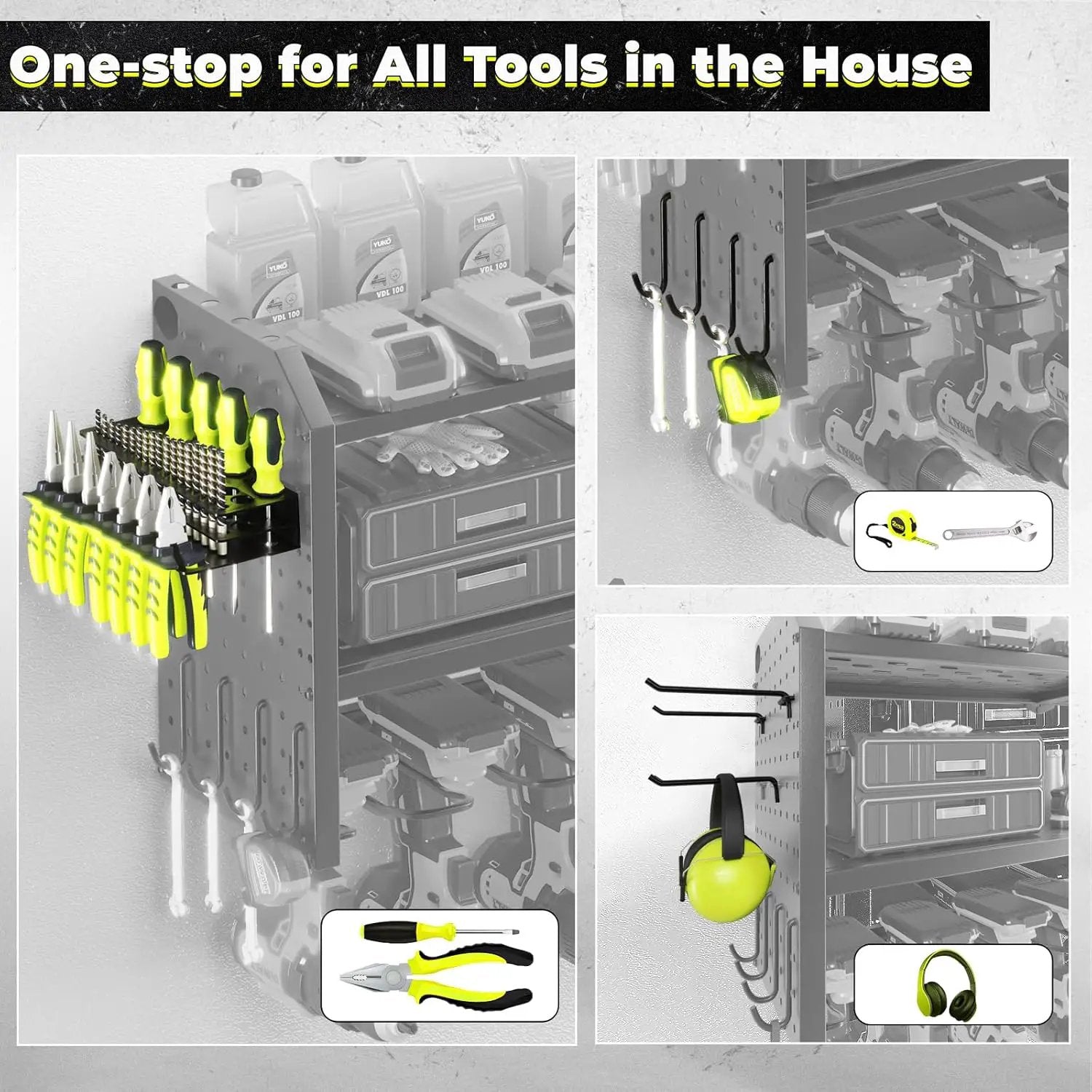 KAFAHOM Power Tool Organizer, Large 8 Drill Holder Wall Mount with 2 Side Pegboards, Heavy Duty Metal Tool Shelf with 12 Hooks, Storage Rack for Garage Organization, Battery Shelves - Green by GreenHaven Gardens