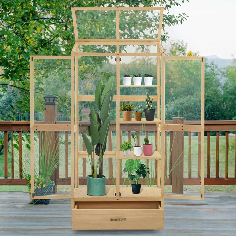 Macrout Cold Frame Greenhouse, Tall Wooden Greenhouse for Outdoor Indoor Use with Polycarbonate Panels, 3 Tier Garden Cold Frame with Drawer and Shelves, 0864 (Natural) by GreenHaven Gardens