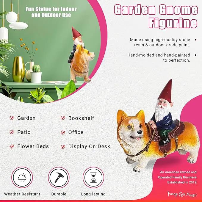 Funny Guy Mugs Garden Gnome Statue - Gnome Riding a Corgi - Indoor/Outdoor Garden Gnome Sculpture for Patio, Yard or Lawn by GreenHaven Gardens