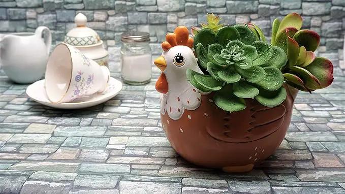 Chicken Planter - Rooster Utensil Holder Party Accessories - Flower Succulent Pot - Indoor Outdoor Garden Backyard Patio Chicken Theme Ceramic by GreenHaven Gardens