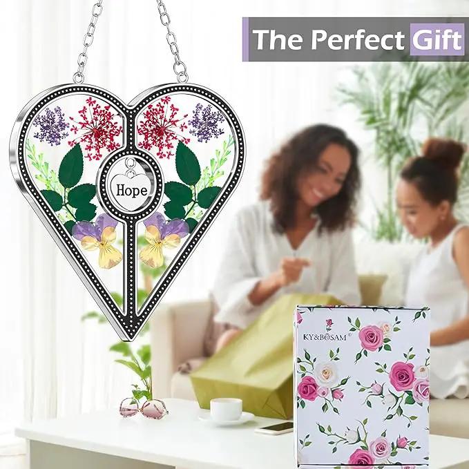 KY&BOSAM Heart Suncatcher Hope Stained Glass Panels for Windows Hangings Wind Chime with Pressed Real Flower Heart Embedded in Glass Friend Gifts- Birthday Gifts for Women Mother`s Day Christmas Decor by GreenHaven Gardens