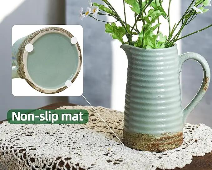 Quoowiit Ceramic Rustic Vase with Handle, Green Distressed Decorative Farmhouse Pitcher Vase for Home Decor Living Room Bedroom Kitchen Office Shelf Decor Centerpiece Table Decoration by GreenHaven Gardens