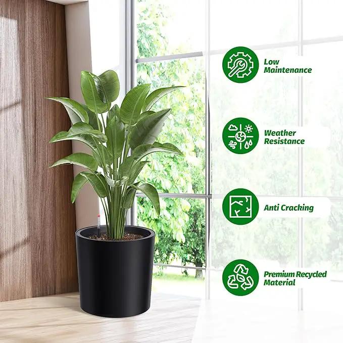 Tall Round Planter Set of 2, 19.5‘’ H x 19.9" Dia Large Planters for Indoor Plants with Built-in Drainage and a Water Level Monitor and Wheels for Patio, Porch, Living Room, or Home Office, Black by GreenHaven Gardens