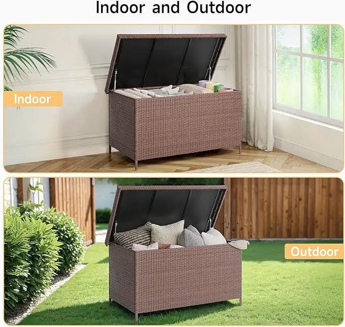 158 Gallon XL Deck Box with Lid, All Weather Wicker Outdoor Storage Box Waterproof, Large Outdoor Patio Storage Bin for Cushions, Garden Tools, Gears, Pool Accessories, Brown by GreenHaven Gardens