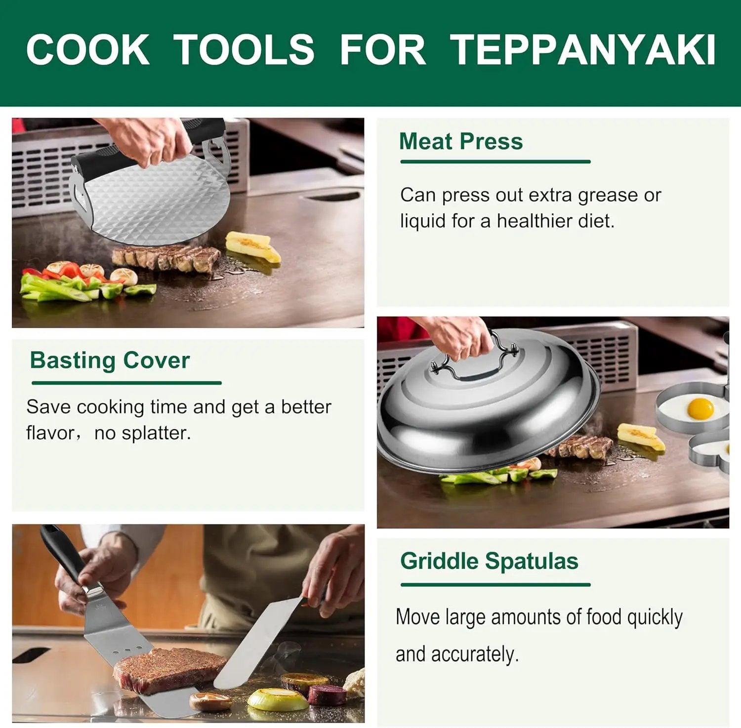 Grilljoy 46PC Griddle Accessories Set with Robust Plastic Handle, All-in-One Griddle Tools Kit for Flat Top Grills Teppanyaki Hibachi, Stainless Steel Grill Spatula Kit for Outdoor Camping Grilling by GreenHaven Gardens