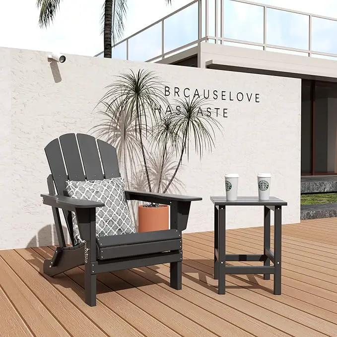 WO Home Furniture Adirondack Chair Table Set of 2 PCS Outdoor Folding Chair w Side Table Weather/UV Resistant for Lawn, Garden, Bon Fire, Balcony (Grey) by GreenHaven Gardens