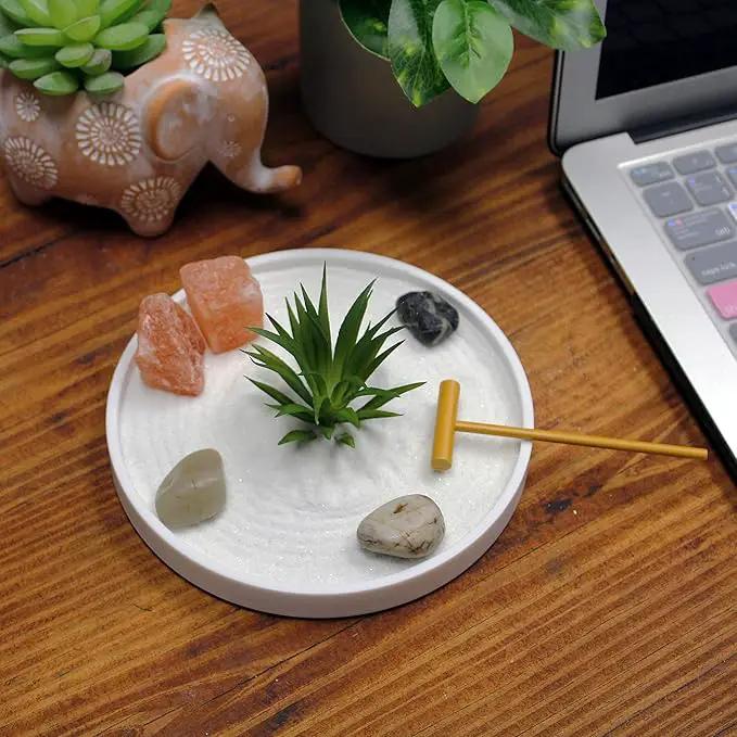 Nature's Mark Mini Zen Garden Kit for Desk with White Sand, Rake, White Base, Salt Rock and Air Plant (Round) by GreenHaven Gardens