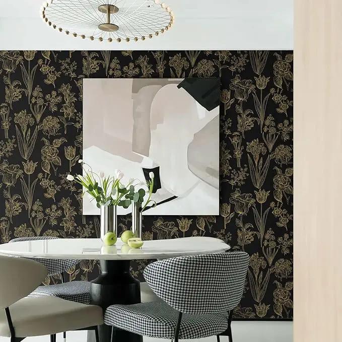 Dimoon 393"x17.3" Floral Wallpaper Peel and Stick Flowers Golden Black Contact Paper Thicken Waterproof Modern Self Adhesive Plants Wallpaper Removable Wall Paper Shelf Vinyl Roll by GreenHaven Gardens