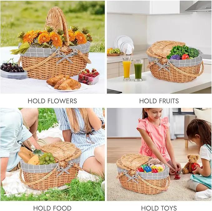 Happypicnic Wicker Picnic Basket with Handle, 15" Large Empty Picnic Basket with Lid & Removable Liner, Vintage Hand Woven Basket for Picnics, Camping, Veg Picking, Mother's Day, Thanksgiving (Check) by GreenHaven Gardens