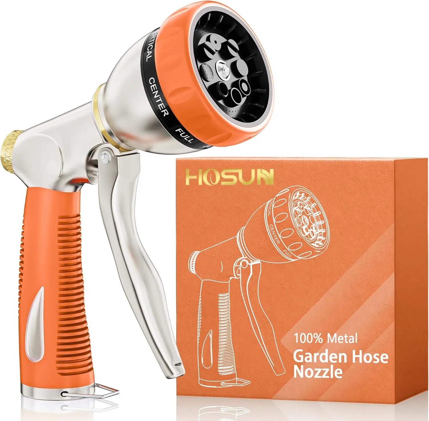 HOSUN Garden Hose Nozzle Sprayer Heavy Duty, 100% Metal Water Hose Nozzle with 8 Spray Patterns, High Pressure Hose Spray Nozzle with Non-Slip Grip for Watering Plant & Lawn, Washing Car & Pet, Orange by GreenHaven Gardens