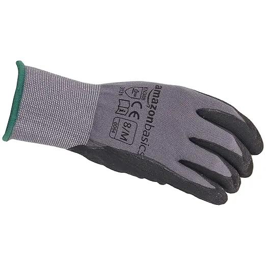 Amazon Basics Micro-Foam Nitrile Coated Work Gloves, Nylon Liner Fiber, Touch Screen, Size 8/M, 12 Pairs, Grey by GreenHaven Gardens