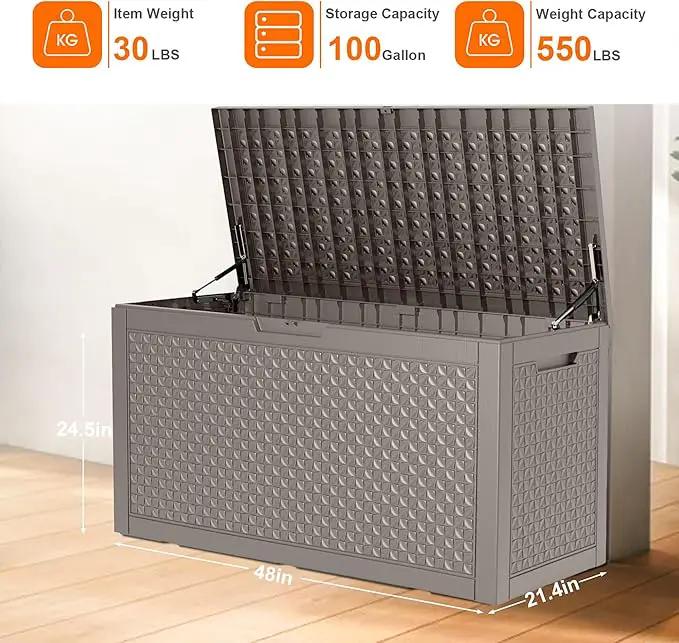 100 Gallon Resin Deck Box, Lockable Outdoor Storage Box for Patio Cushions Storage Furniture,Garden Tools, Pool Supplies, Weatherproof and UV Resistant (Grey L) by GreenHaven Gardens