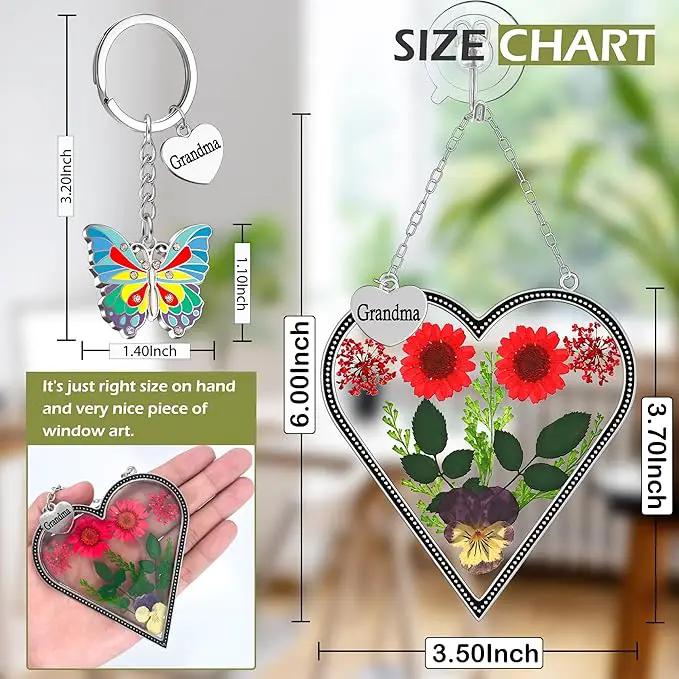 KY&BOSAM Heart Suncatcher Grandma Gifts Glass Butterfly Suncatchers for Window Pressed Flower Between Heart in Glass Metal Engraved Charm Gift for Women Mother's Day Valentine's Birthday Christmas by GreenHaven Gardens