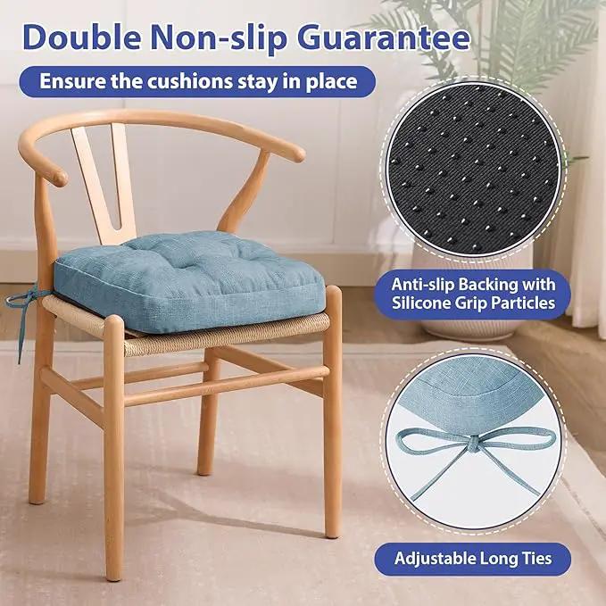 Chair Cushions for Dining Chairs, Dining Chair Cushions, Tufted Indoor Chair Pads with Ties & Non Slip Backing, Seat Cushions for Kitchen Chairs 16.5” x 16.5” x 3.5”, Set of 4, Light Blue by GreenHaven Gardens