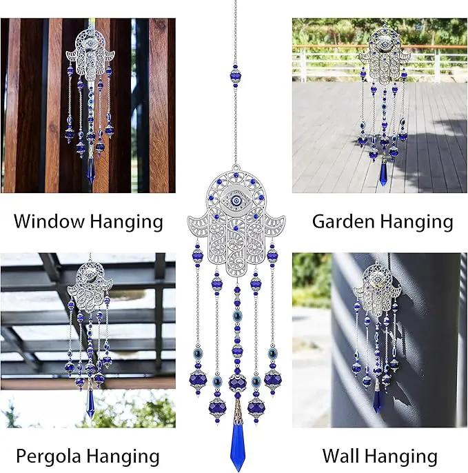 Crystal Prism Suncatcher Ornament with Hamsa Fatima Hand Protection Charm Turkish Greek Blue Evil Eye Sapphire Crystals Beads for Window Hanging Decoration by GreenHaven Gardens